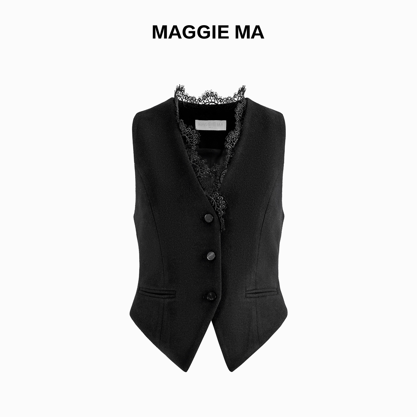 MAGGIE MA马婧设计师款黑色蕾丝拼接休闲通勤马甲748S
