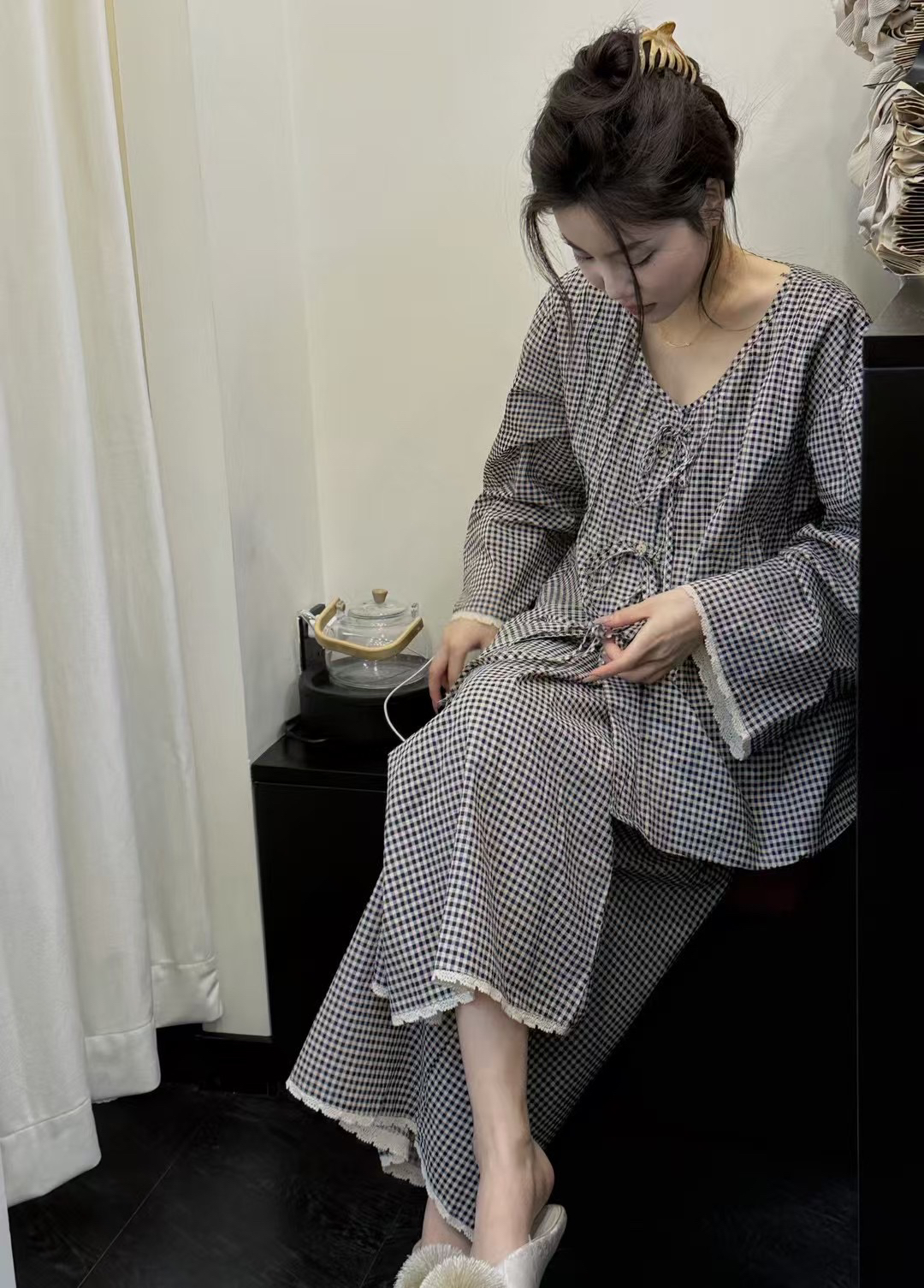 族玛士格子复古风长袖春夏睡衣
