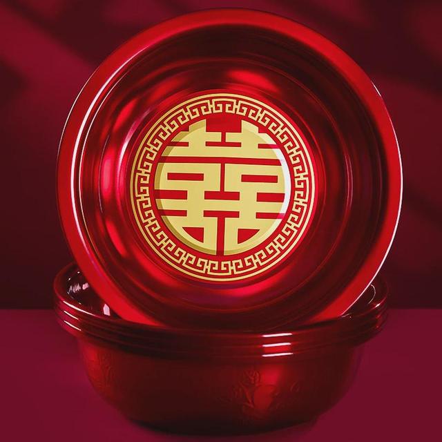 结婚喜盆女方陪嫁红盆套装新娘婚庆用品不锈钢脸盆一对红色洗脸盆