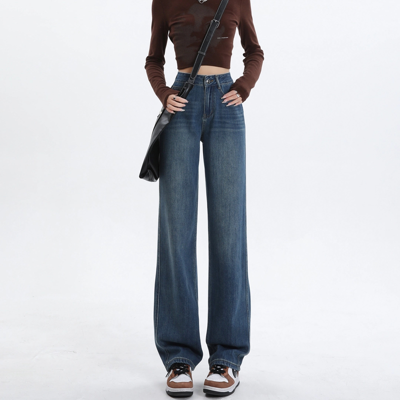 春秋季新款窄版直筒复古牛仔裤女高腰显瘦春季简约梨形拖地长裤子