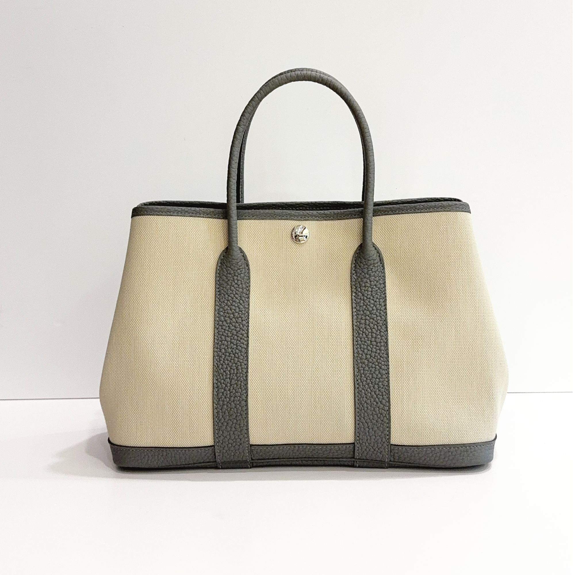 99新 Hermes/爱马仕 蔚蓝/积雨云灰 帆布拼皮 花园30 手提包 U刻