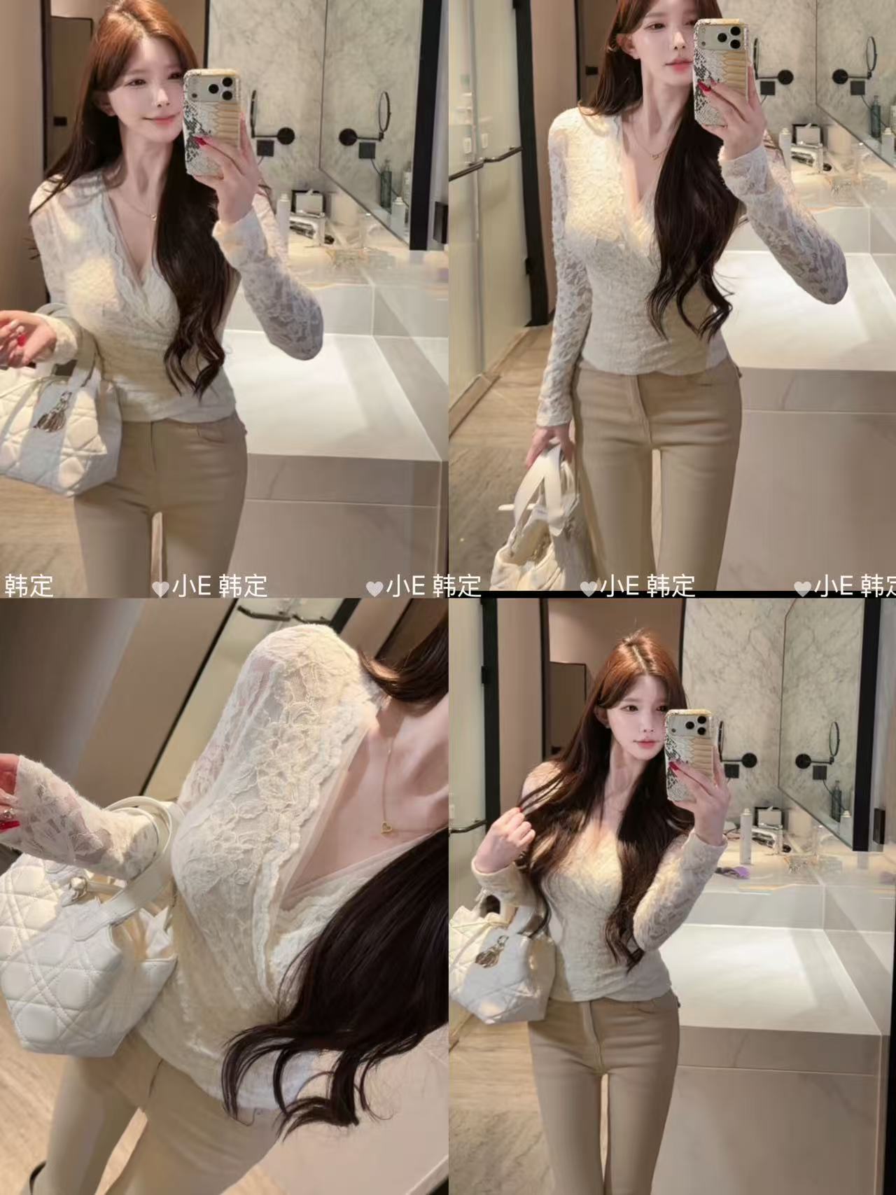 小E韩定 韩女蕾丝 /韩系设计感气质V领蕾丝加绒修身显瘦短上衣