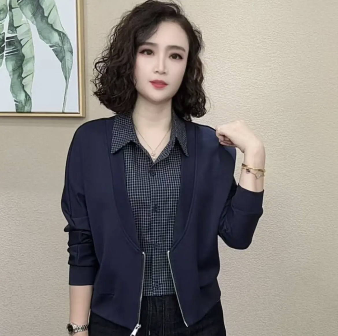2025秋冬女常规款拉链假两件长袖休闲拼接常规显瘦修身秋季