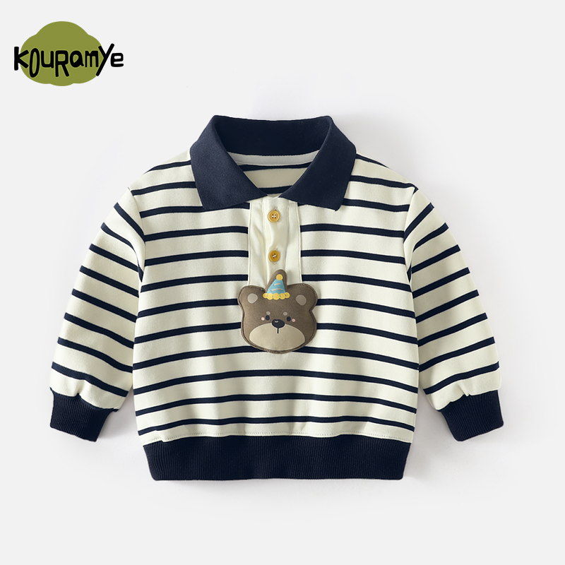 酷娃米2024年秋季新款中小男女童舒适百搭衬衣领条纹Polo衫20603