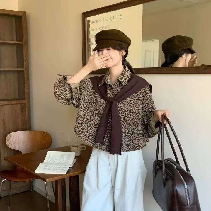 526高端欧货年秋装新款Polo领豹纹针织围脖两件套长袖衬衫女上衣