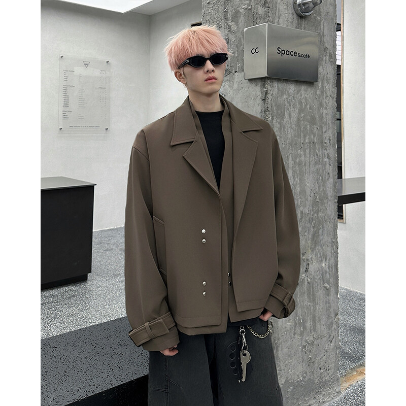 PLQV新款2025韩版宽松痞帅外套假两件夹克男情侣外套百搭痞帅潮流