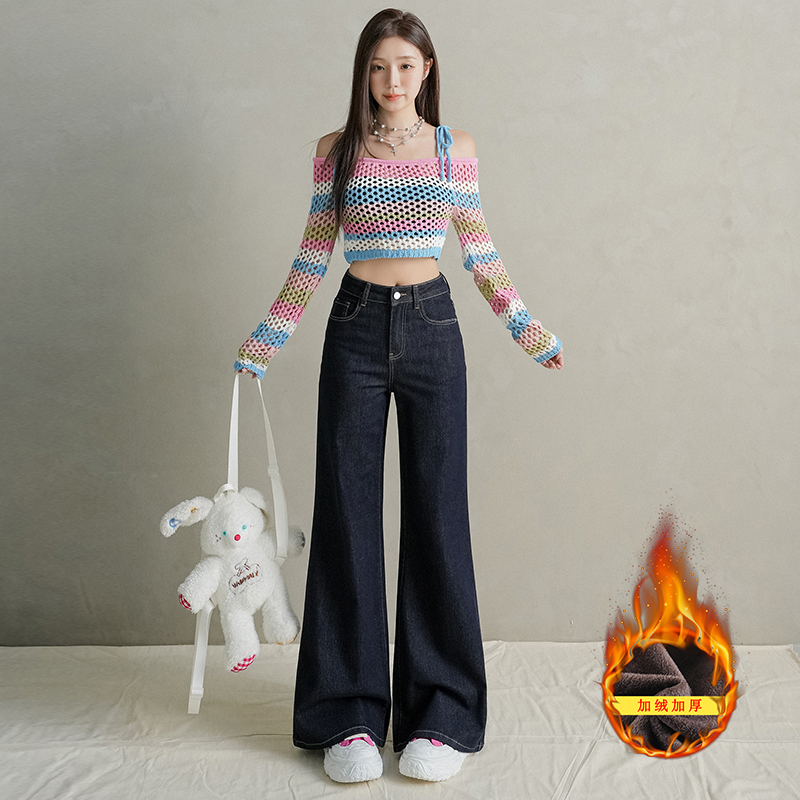 不贴腿微喇牛仔裤女2025年秋冬加绒高腰显瘦爆款阔腿小个子喇叭裤