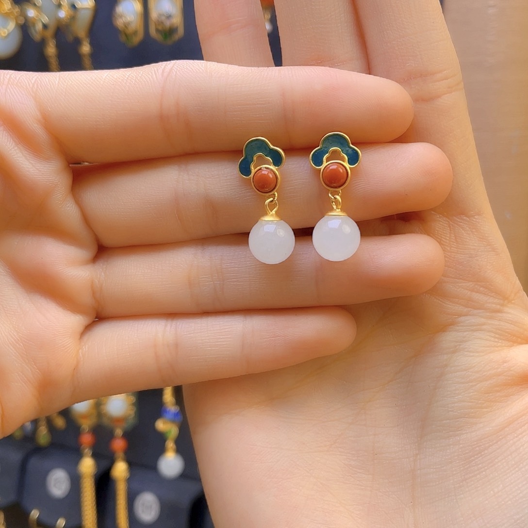 和田玉耳饰银S925镀金镶嵌