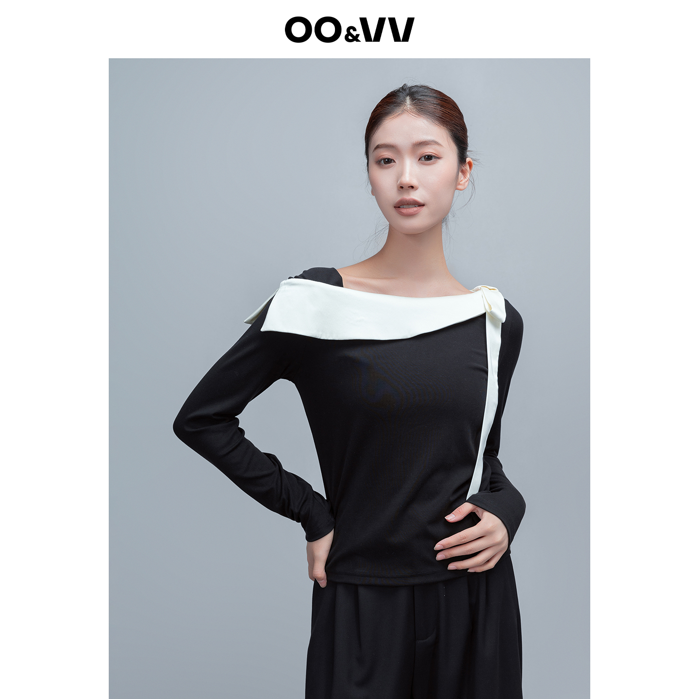 OO&VV黑色设计感立体撞色拼接装饰T恤女2025秋新套头气质休闲衬衫