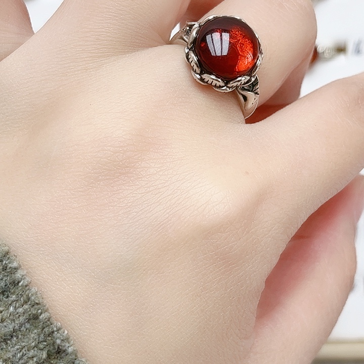 血珀戒指银S925镶嵌天然