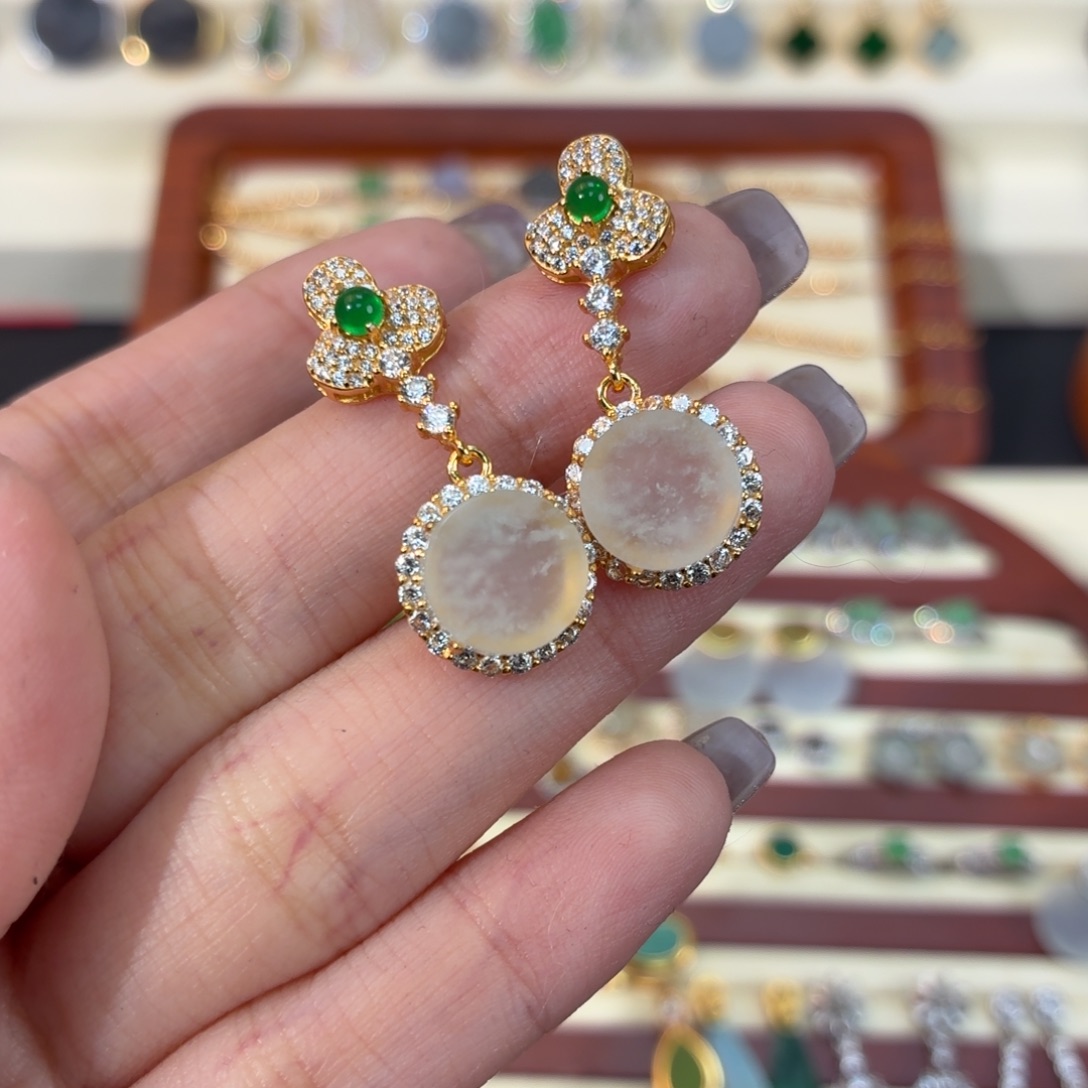 翡翠银S925镶嵌颈饰耳钉