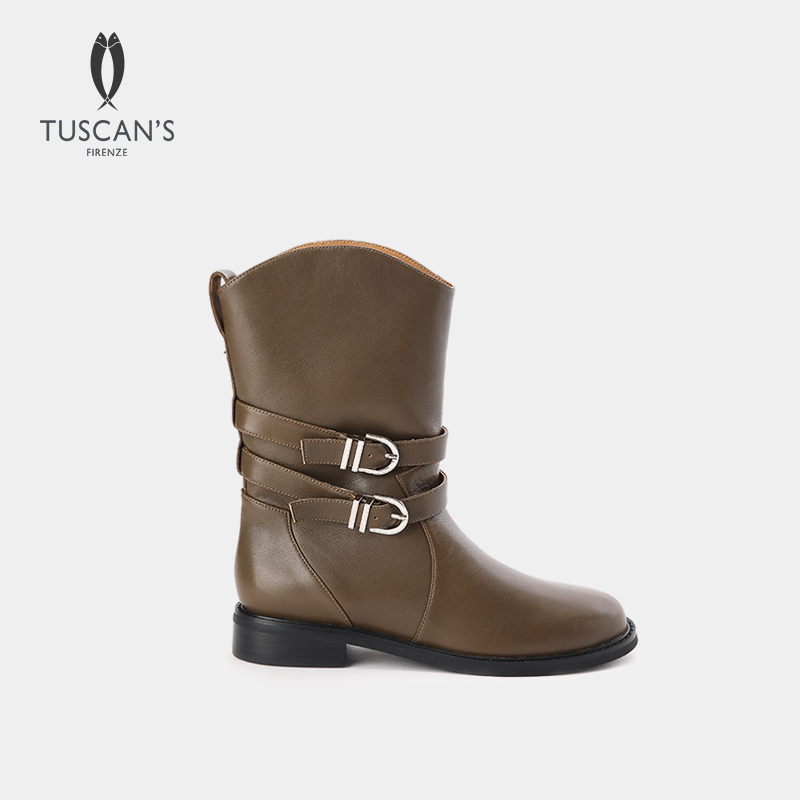TUSCAN'S时代双鱼双针扣带牛皮骑士靴