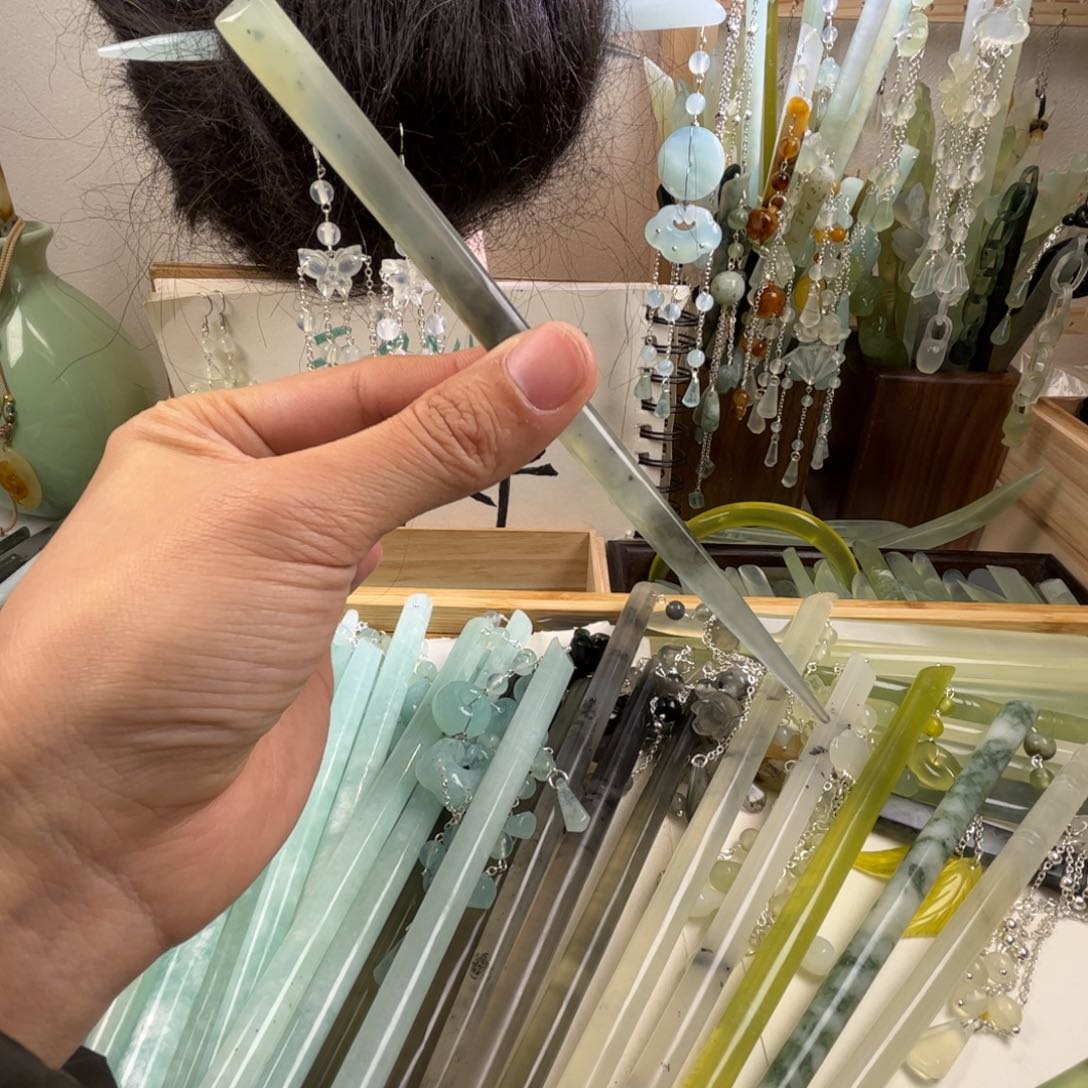 蛇纹石玉发饰未镶嵌长度17