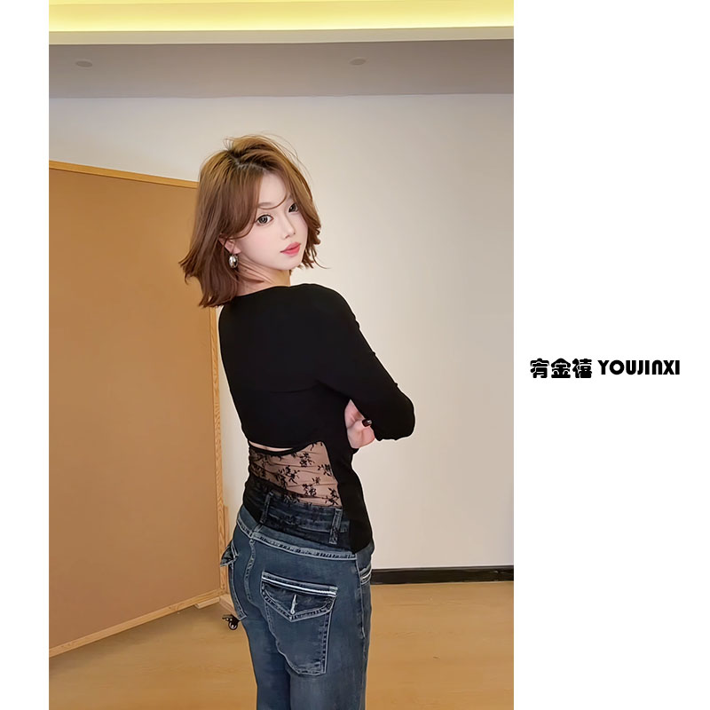 【宥金禧YOUJINXI】辣妹蕾丝拼接后背镂空打底上衣修身显瘦长袖T恤