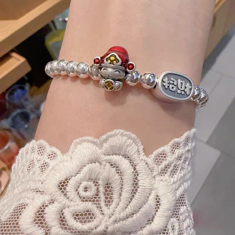 足银手链 足银手链小财神爷招财纳福弹力绳手链女简约百搭发财