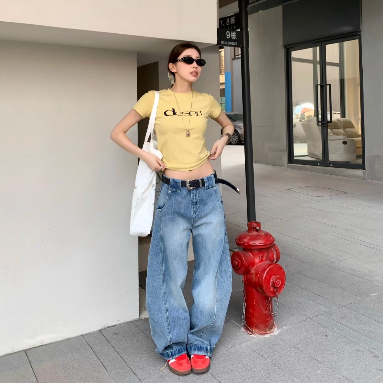 美式夏季复古水洗弯刀牛仔裤休闲百搭竹节纹慵懒阔腿裤女潮