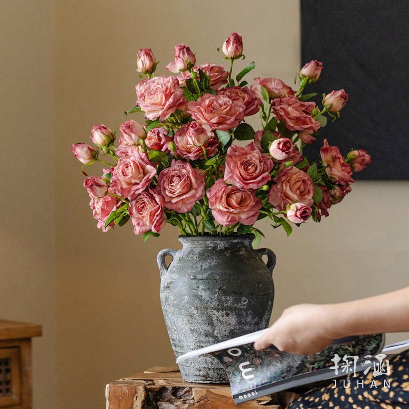 法式油画焦边仿真玫瑰花假花复古插花客厅餐桌布景摆件装饰【荐】