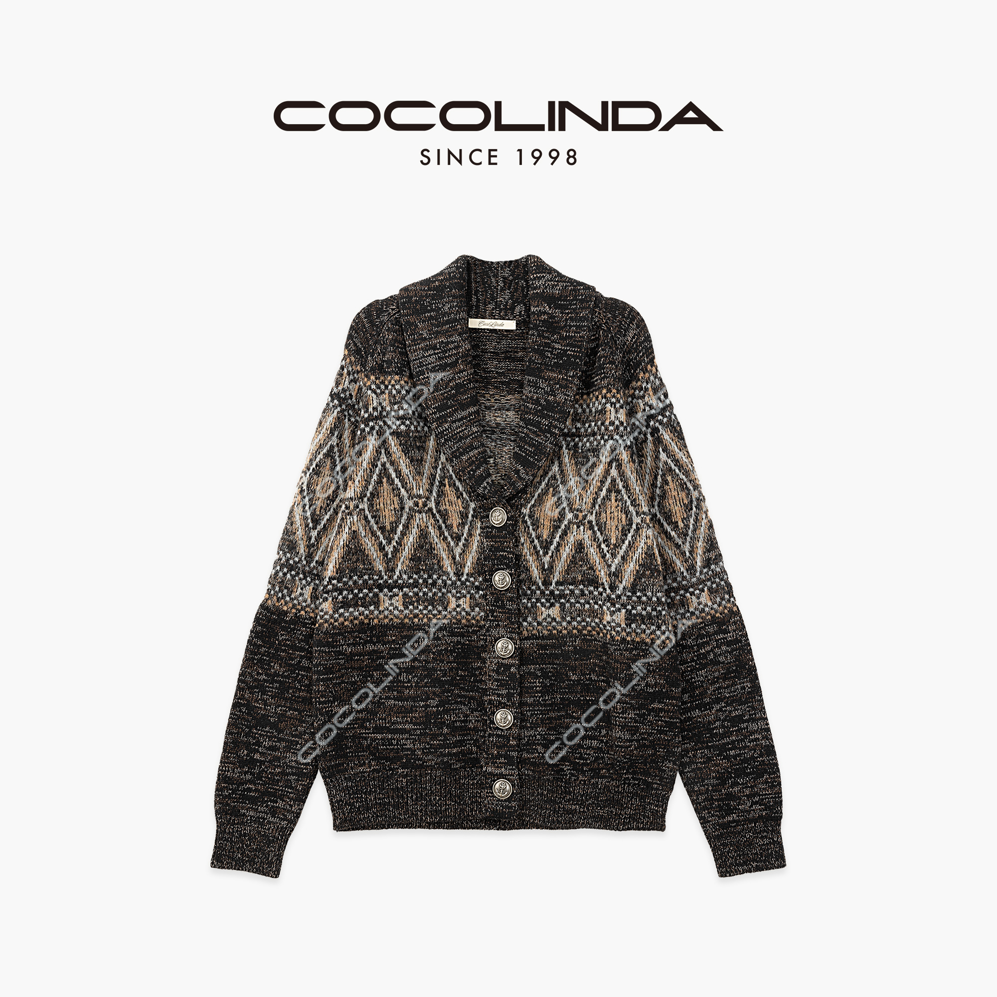 COCOLINDA ”绵羊毛5针“【提花浮线】B款 男女CP老钱青果领开衫S5302