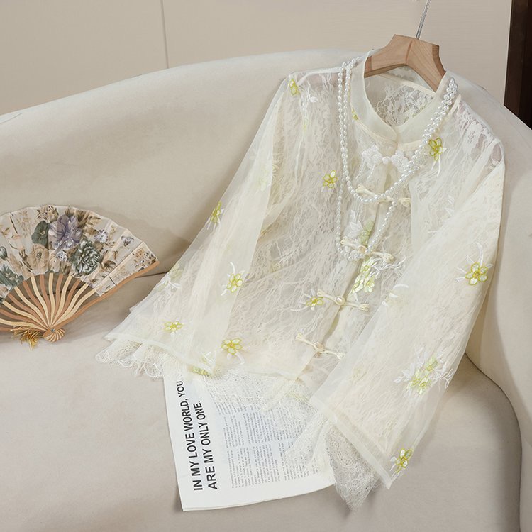 2025新中式刺绣蕾丝蝉意国风盘扣衬衫气质复古古风中国风夏季