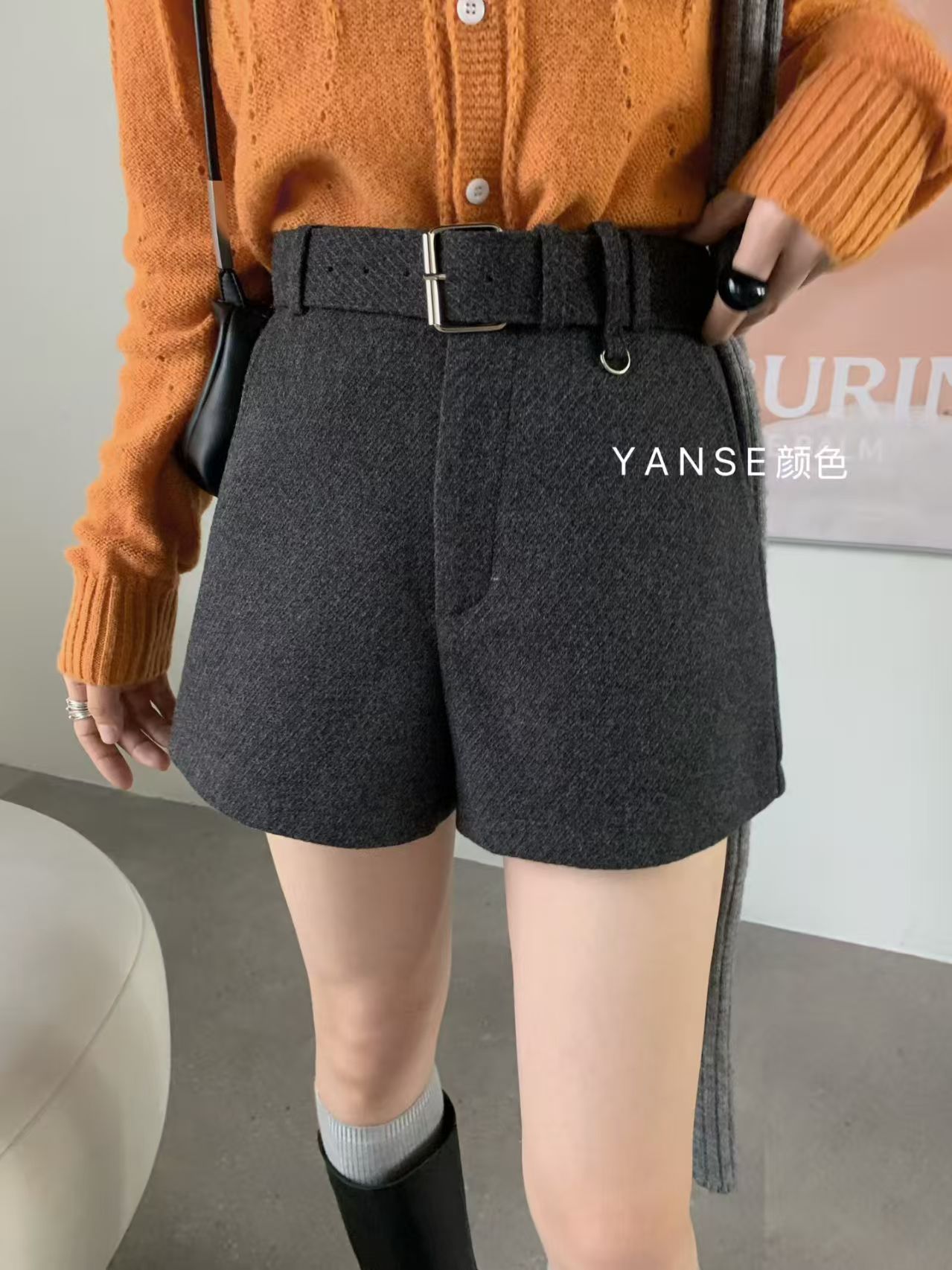 送腰带~时尚休闲短裤毛呢网红深灰毛呢高腰短裤女显瘦品质秋冬ins
