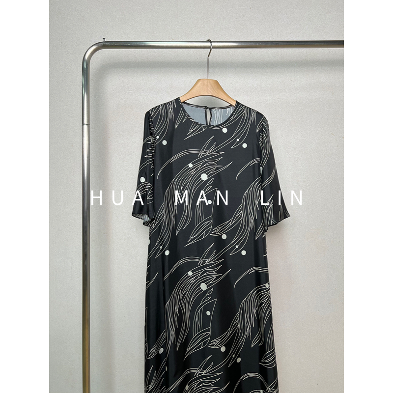 【花满林】圆领气质印花斜纹绸真丝桑蚕丝连衣裙80796