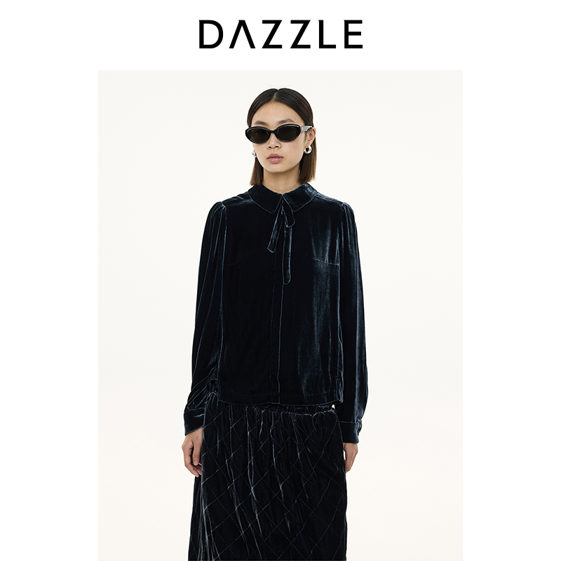 DAZZLE地素 衬衫2024冬季新款丝绒长袖小上衣2I4D509