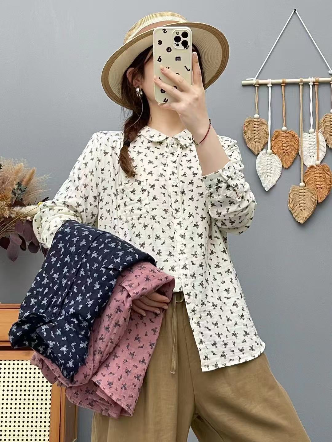 2025新款印花长袖衬衫尖领领休闲简约宽松百搭上衣女32845