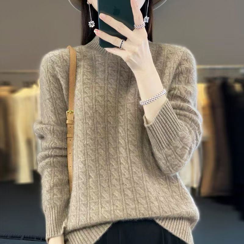 正版重磅加厚毛衫女冬季高档洋气半高领毛衣纯色绞花百搭打底衫厚