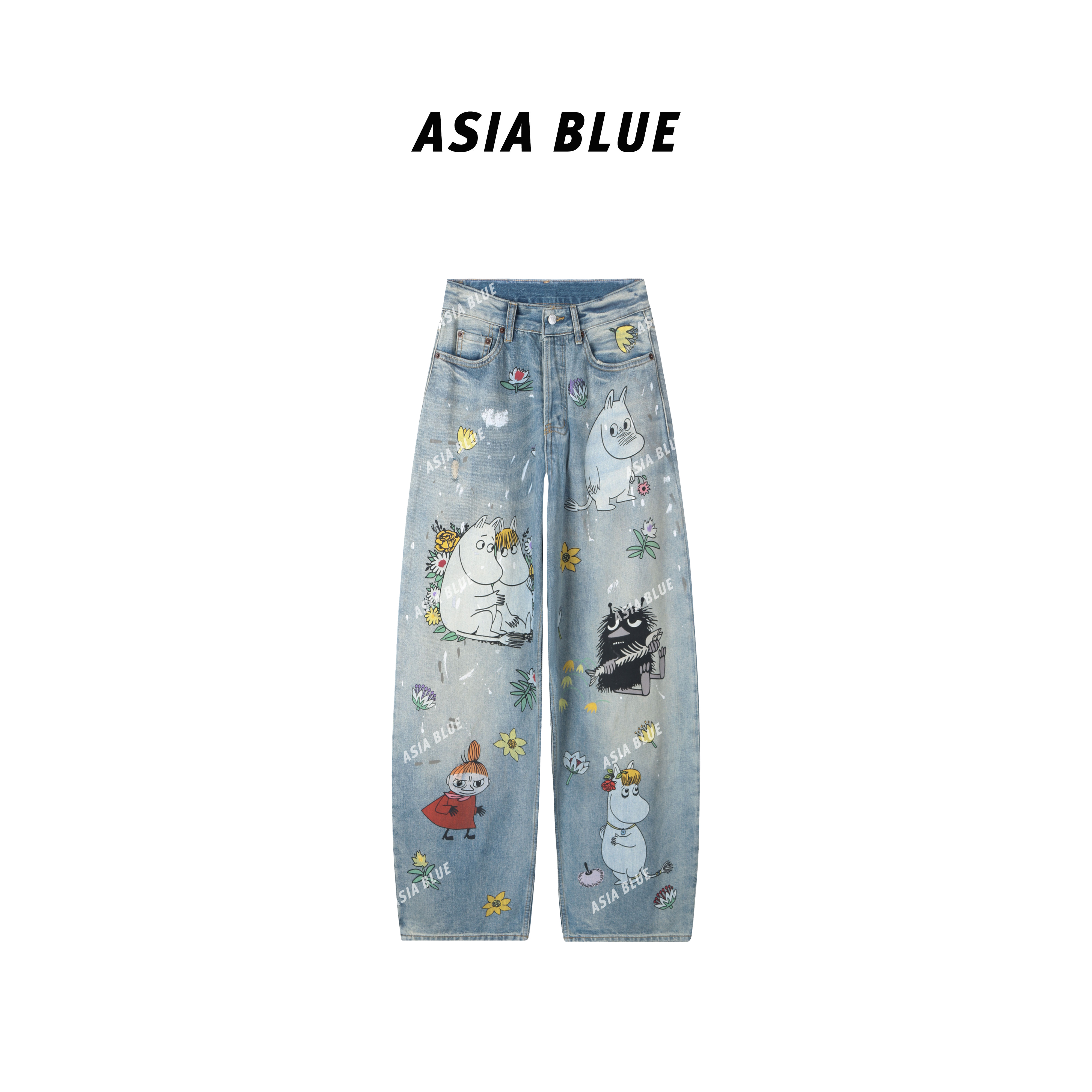 【ASIA BLUE】·动漫·早秋无弹动漫河马花朵印花直筒阔腿牛仔裤W1999