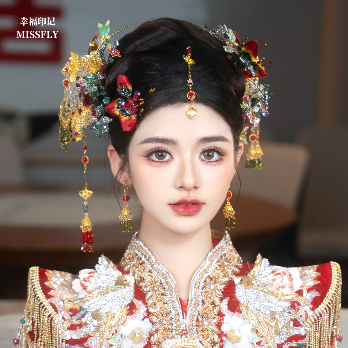 新中式新娘绒花头饰红色秀禾服龙凤褂马面裙旗袍晨袍汉服发饰高级