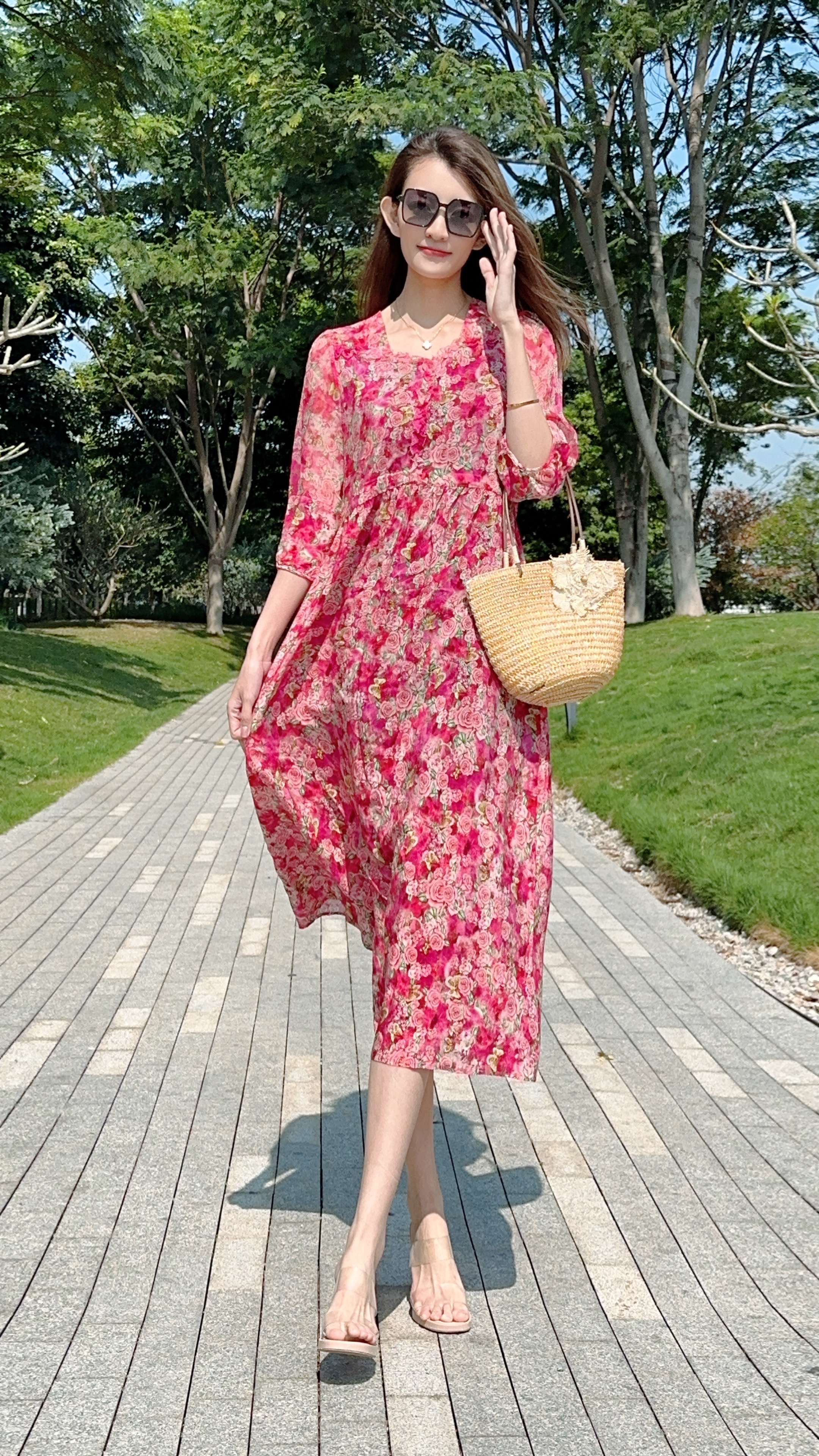 【2598粉梦如烟】25年新款时尚印花显瘦桑蚕丝气质修身连衣裙长120