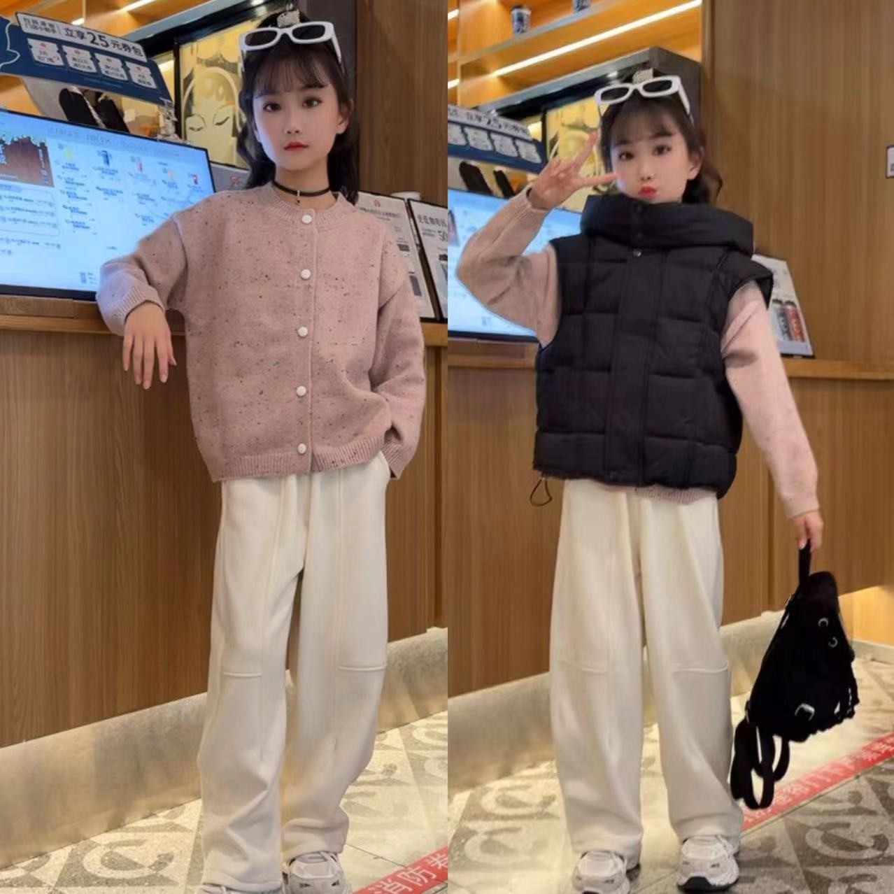 2025新款女童秋冬彩点加厚毛衣马甲加绒弯刀裤韩版时尚套装潮