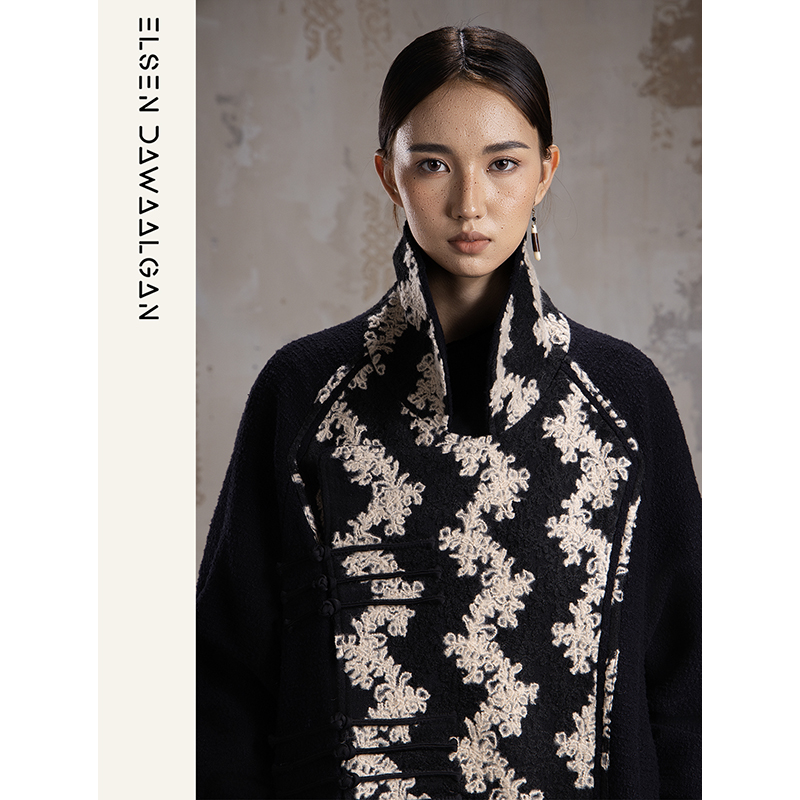 沙粒｜【绣花博物馆】黑标系列100羊毛民族立体钩花重工手工盘扣大衣