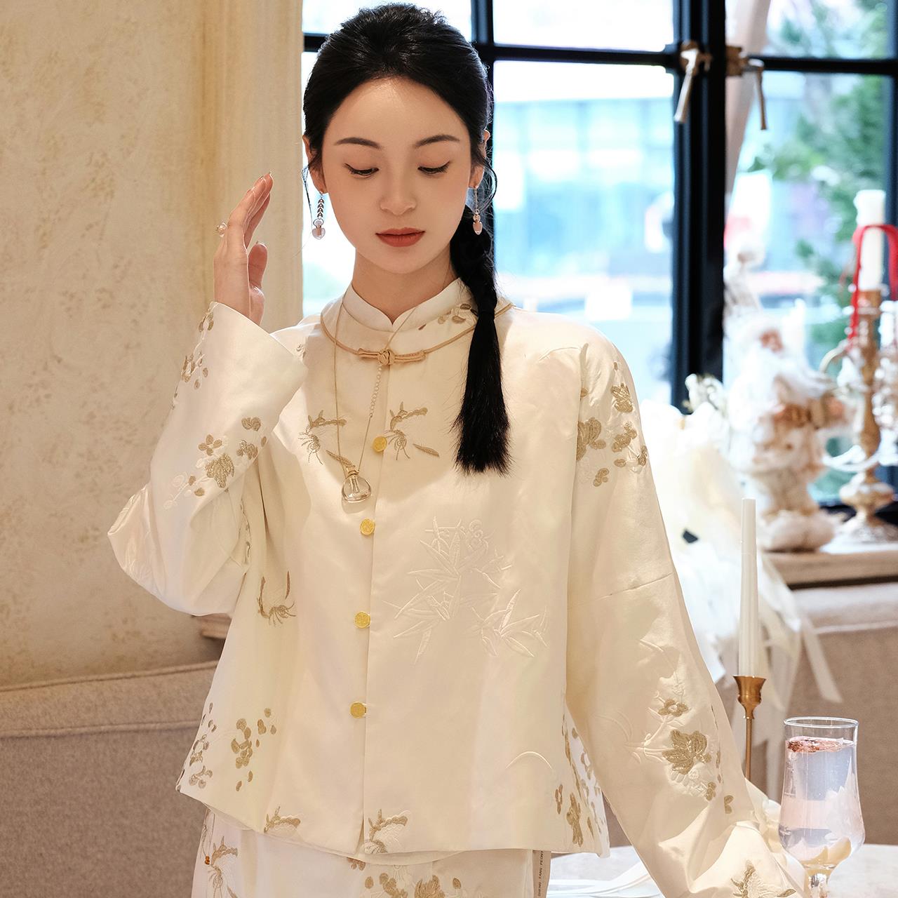 盛唐牡丹 |重缎真丝梅竹蝶手推绣外套