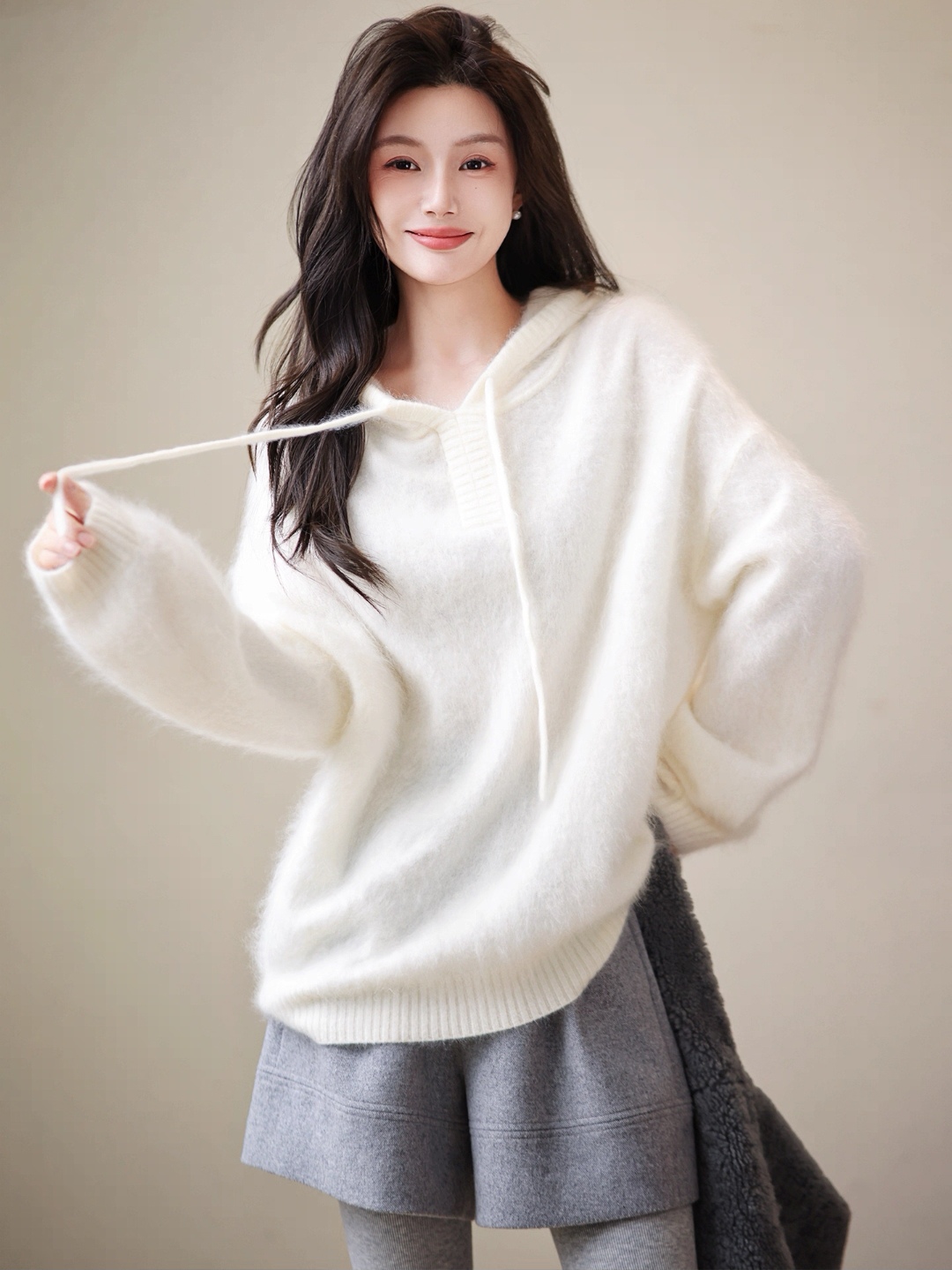 山羊绒女连帽宽松毛衣针织慵懒风加厚款拉绒羊毛衫秋冬