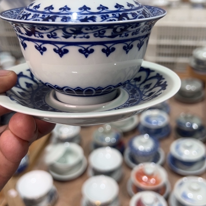 瓷片白青花宝相元宝盖碗全品