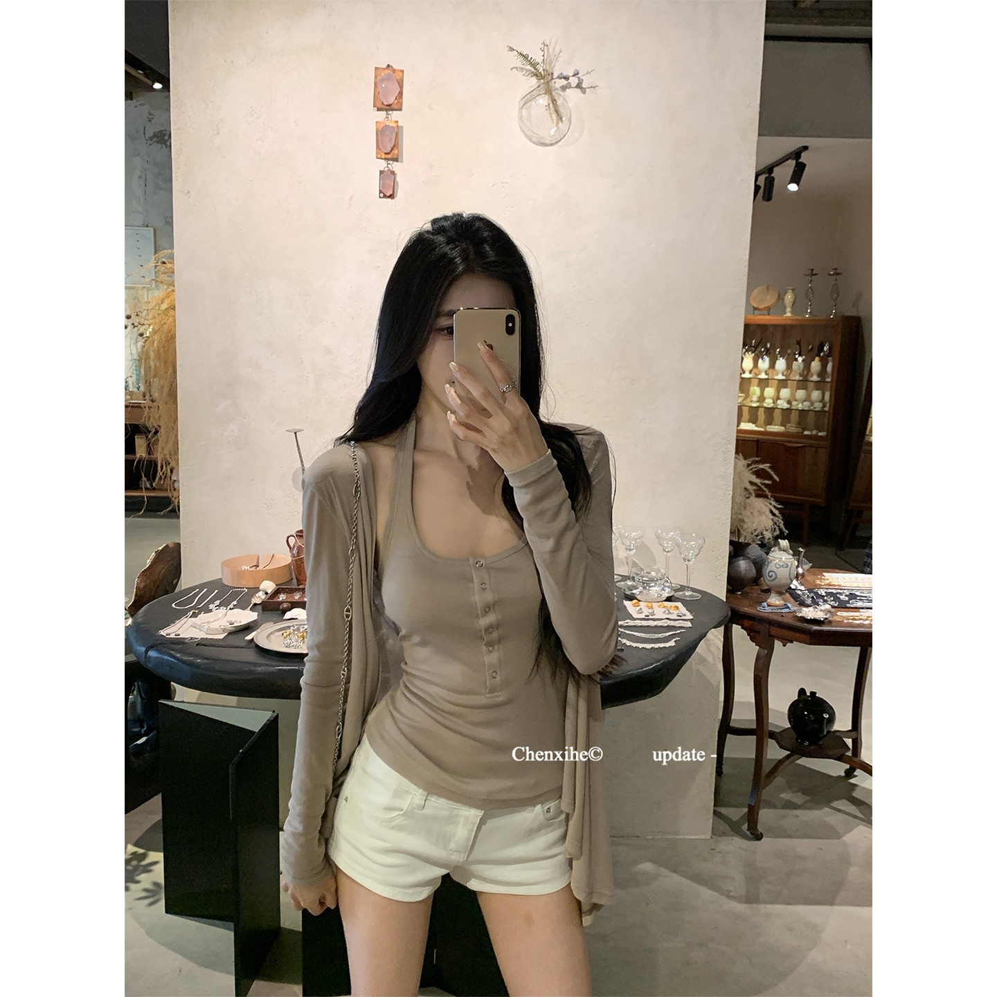 卡其色薄款夏季针织套装不规则设计感开衫修身背心吊带女