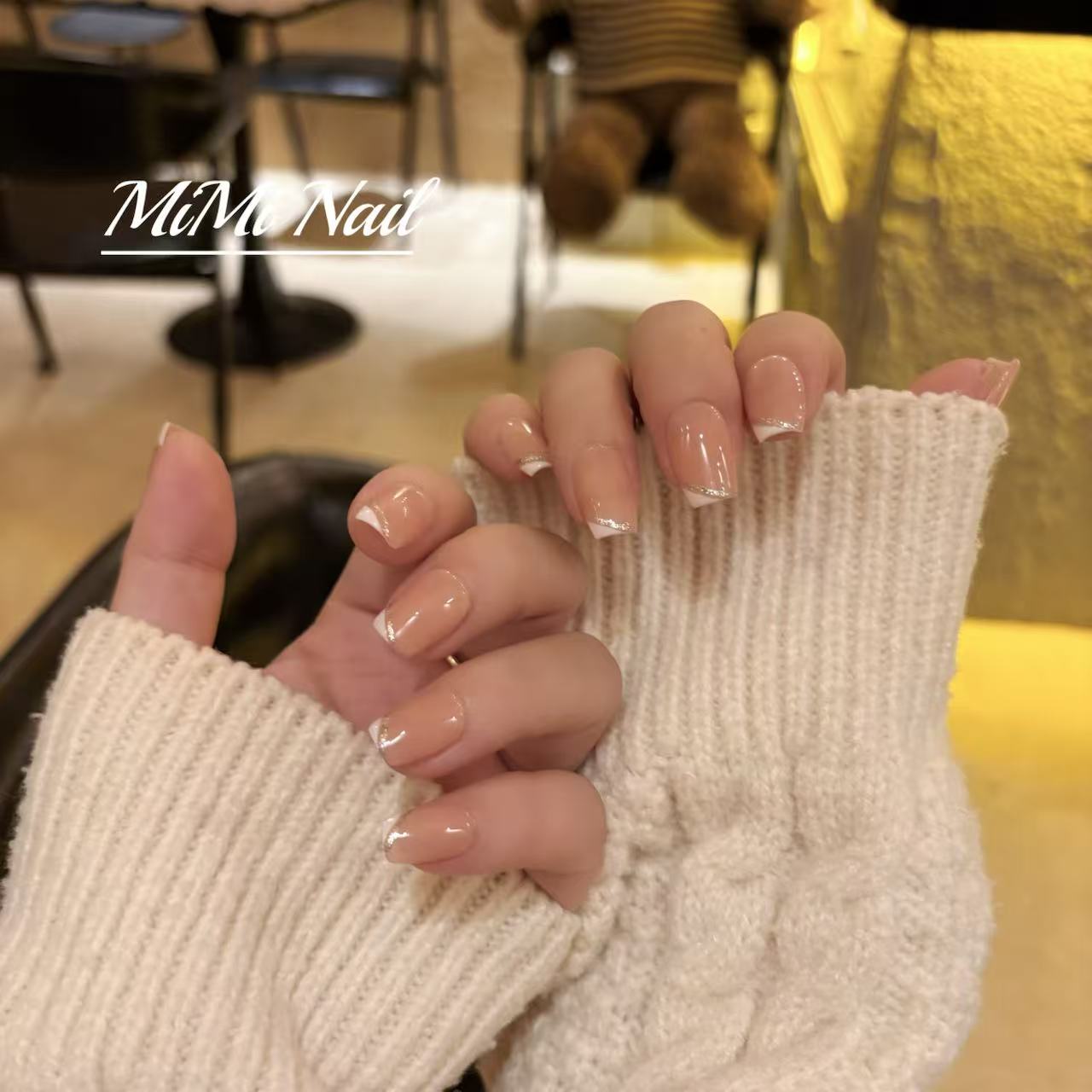 「纯欲」MiMiNail裸色系简约斜法式边铂金银边显白纯手工穿戴甲梯形