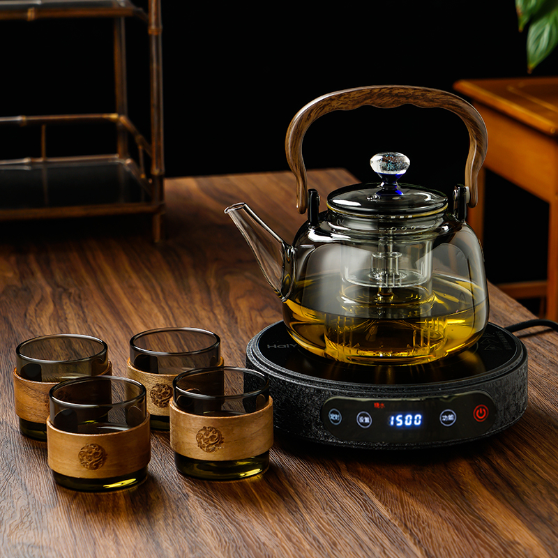海于新款超薄黑冰裂纹电陶炉煮茶器烧水煮茶加热玻璃茶具套装