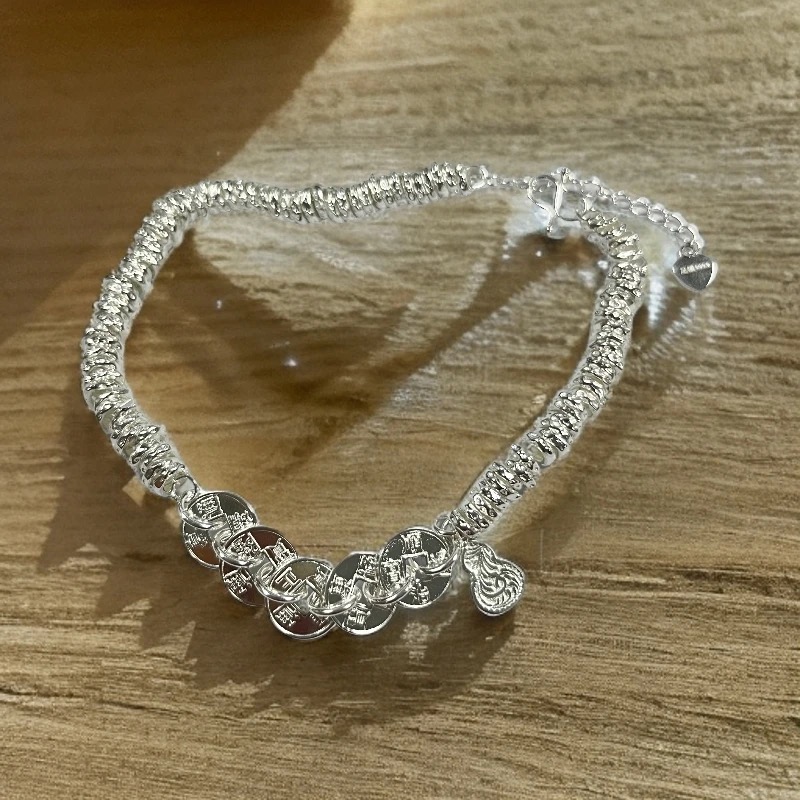 足银脚链 民族风五帝币唐草纹葫芦脚链