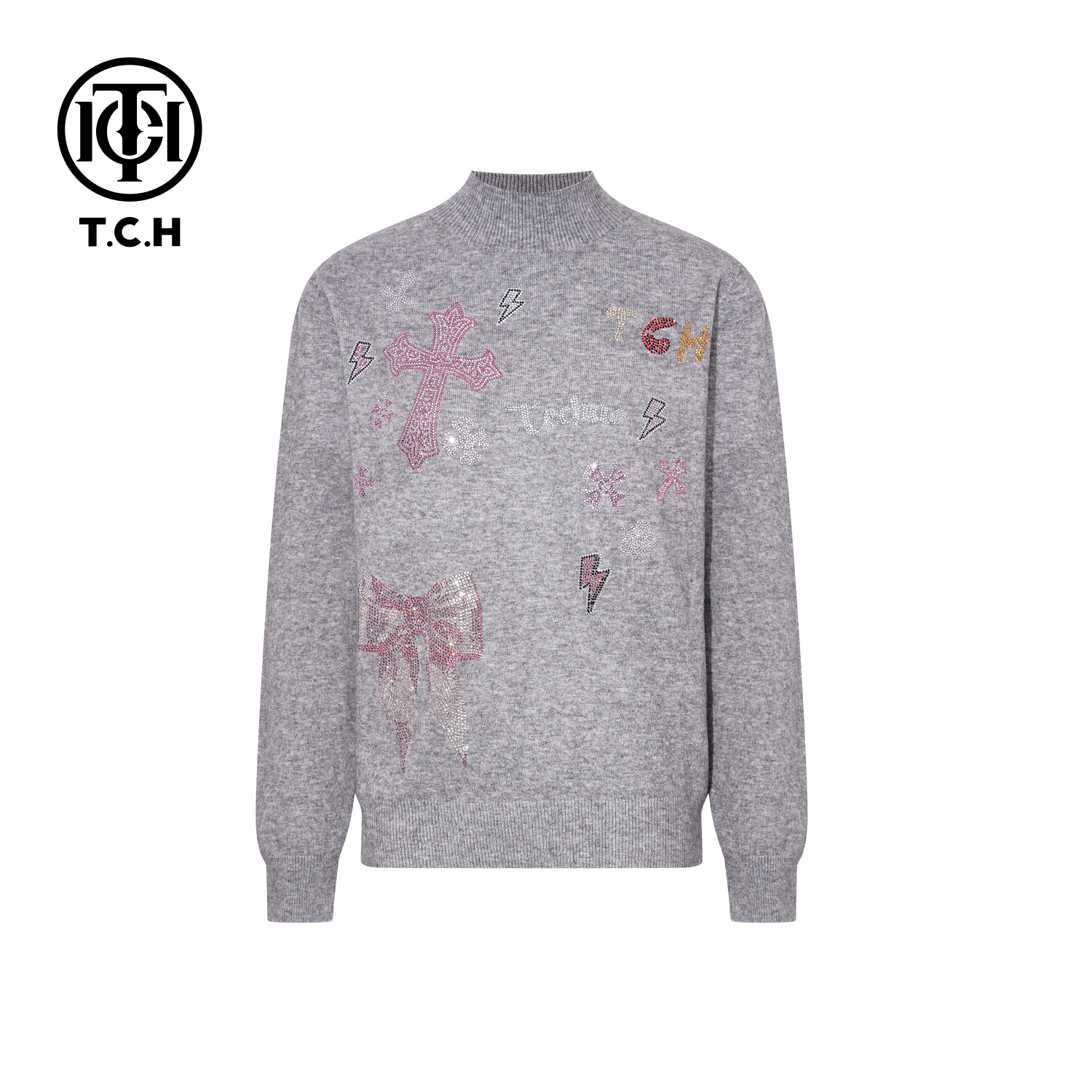 TCH【时尚百搭】冬款时尚烫钻灰色休闲风女装针织衫T75D09E1276