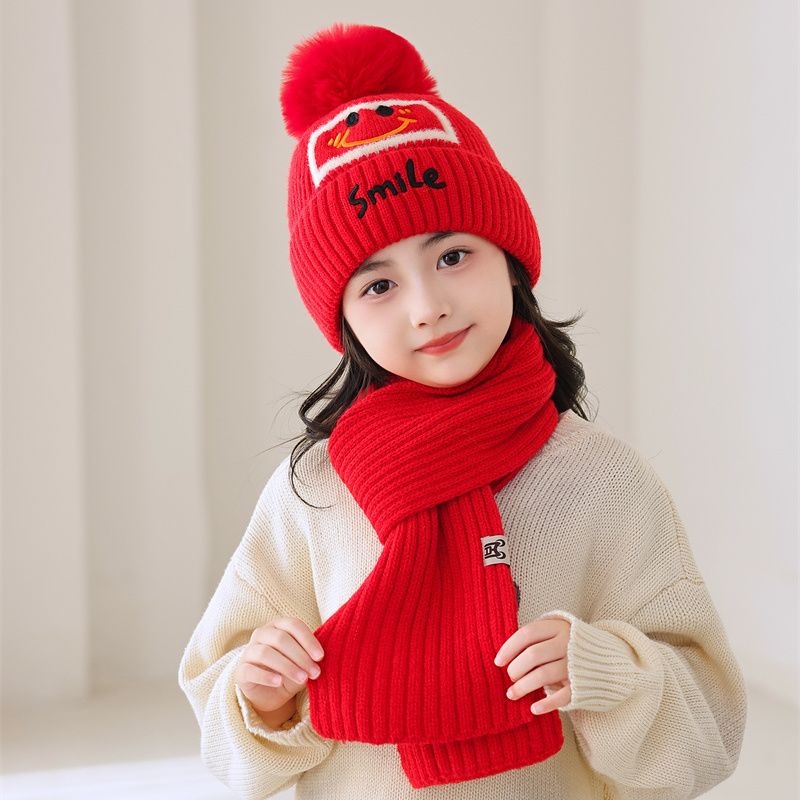 儿童冬保暖毛线帽子围巾套装洋气4-5-6-7-8岁9男女小孩新年红色帽