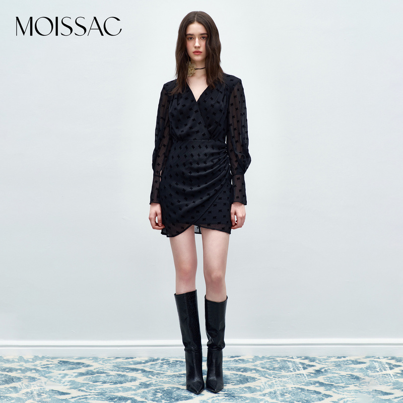 【达人专享】MOISSAC摩萨克连衣裙秋法式出街老花植绒雪纺连衣裙