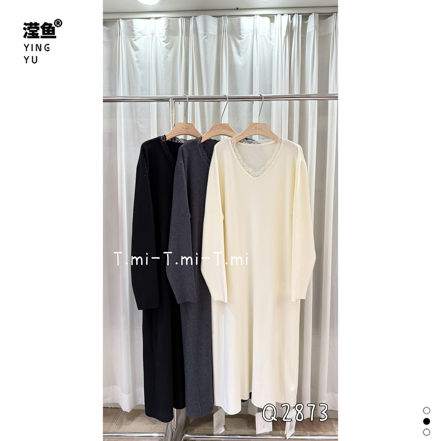 TMI Q2873大码慵懒风V领长袖针织连衣裙女长款收腰显瘦毛衣长裙
