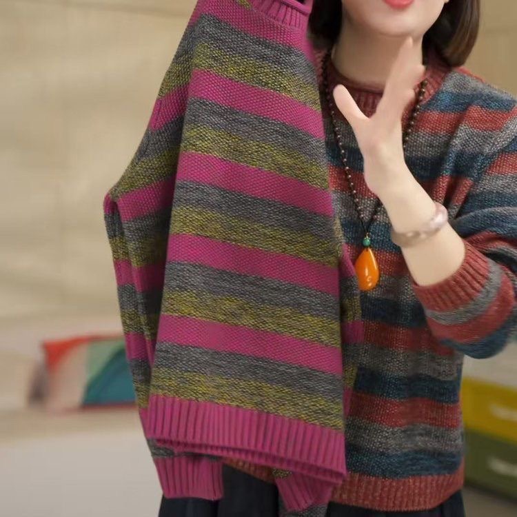 百搭撞色复古条纹圆领老钱风时尚女士针织衫爆款滤镜感厚款仿棉衫