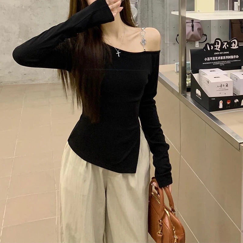 设计感小众不规则露肩长袖修身T恤女春秋气质显瘦开叉一字肩上衣 