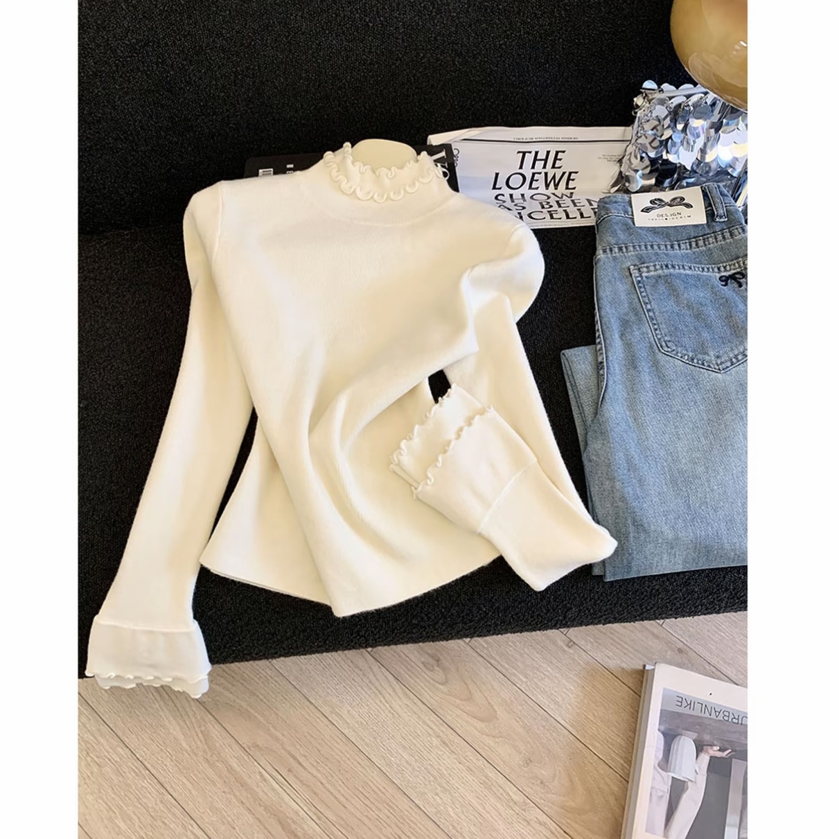 秋冬新款韩系设计感半高领百搭洋气修身显瘦木耳边针织衫#3059