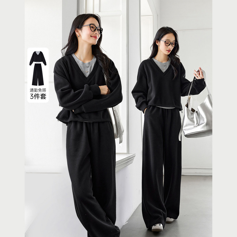 *梵希蔓加绒加厚简约三件套秋冬新款V领卫衣内搭背心阔腿裤M9393