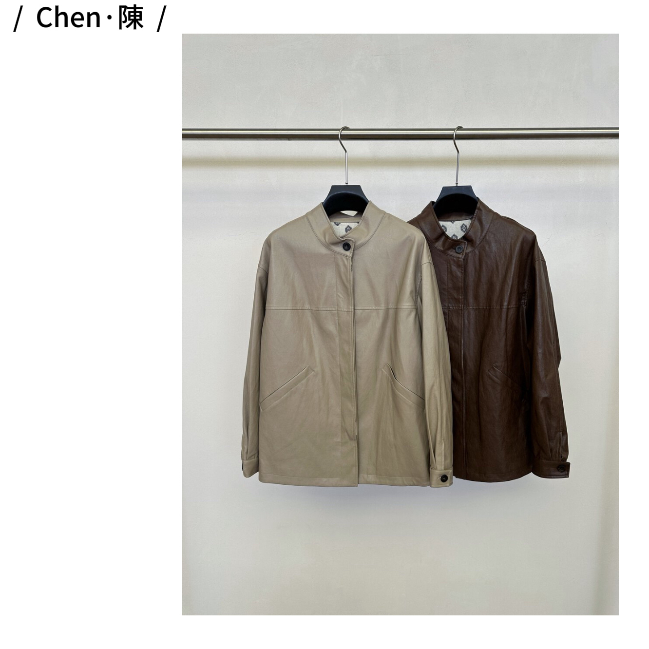 chen·陳轻奢【极简撞色】亚麻花型皮衣