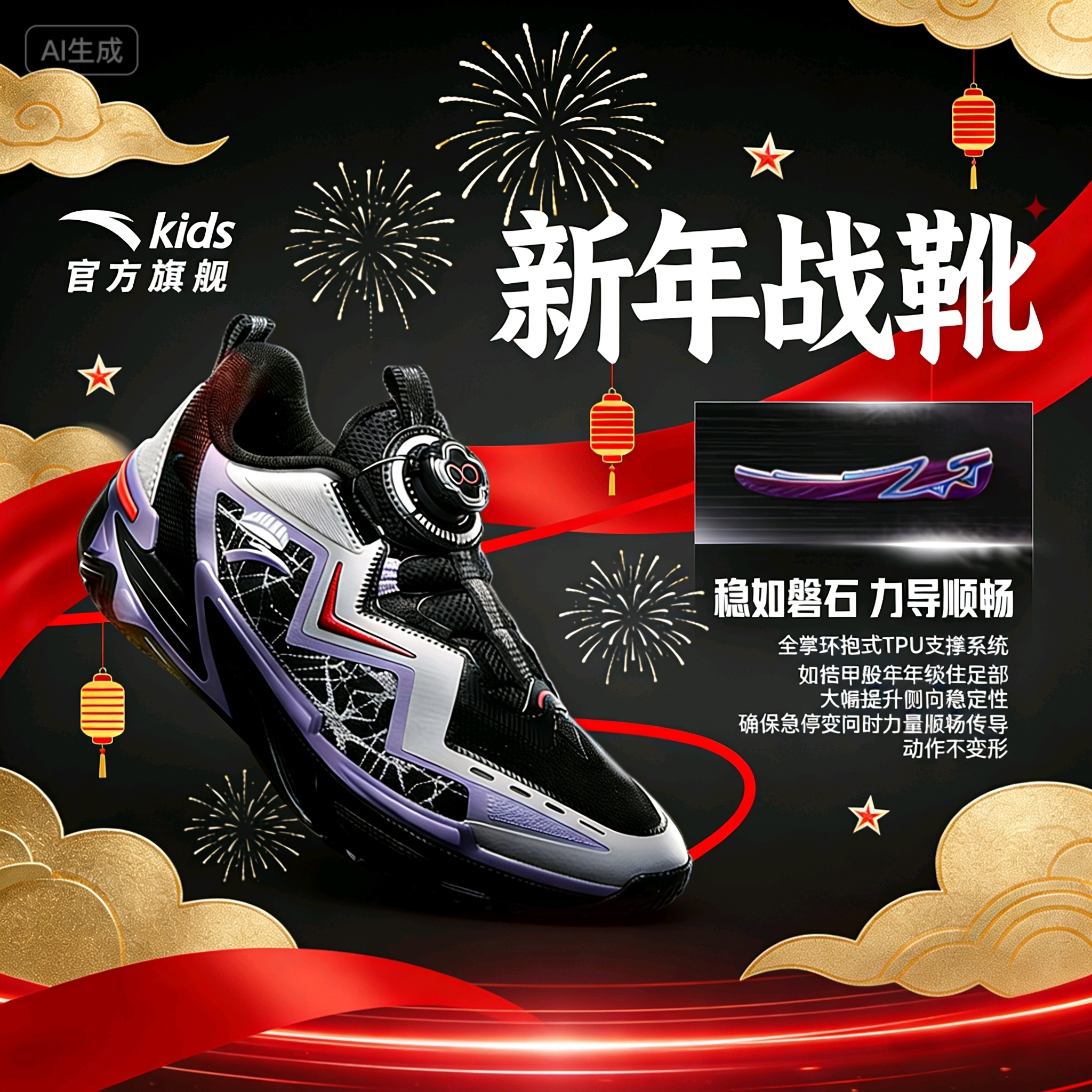 【紫金逆鳞pro&马年限定】安踏儿童篮球鞋2026上新款防滑缓震旋钮鞋